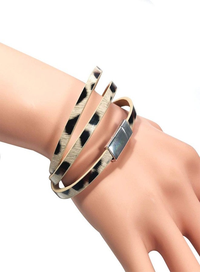 HUNO Multilayer Leopard Textured Cuff Bracelets Buckle Snakeskin PU Leather Wrap Cuff Bangle for Women(leopard) - Image 3