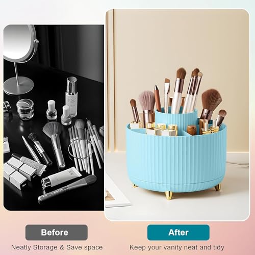 House of Quirk Makeup Brush Holder Organizer, 360° Rotating Cosmetics Makeup Brush Organizer,5 Slot Make Up Brushes Cup For Desktop Organizer (Blue) - Image 5