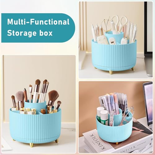 House of Quirk Makeup Brush Holder Organizer, 360° Rotating Cosmetics Makeup Brush Organizer,5 Slot Make Up Brushes Cup For Desktop Organizer (Blue) - Image 4