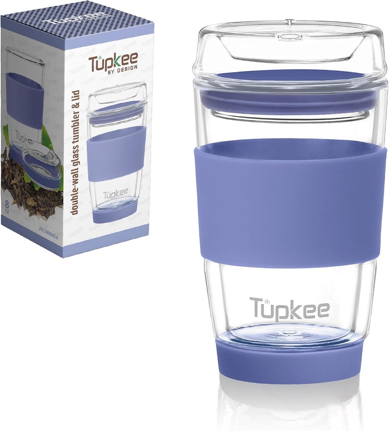 Tupkee كوب زجاجي مزدوج الجدار - 8 أونصات، كوب شاي/قهوة معزول قابل لإعادة الاستخدام بالكامل من الزجاج وغطاء، كوب سفر زجاجي منفوخ يدويًا - جاكاراندا - Image 1
