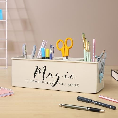 anantam homes Desk organizer with 4 compartments for office table | stylish Metal Desk Organizer | Stationary Storage | Pencil Holder for Office, Home, and Study Table (Magic) Beige - Image 1