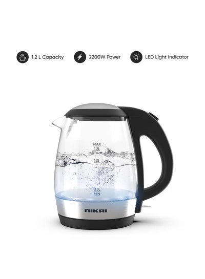 NIKAI Compact, Electric Glass Kettle, Effortless Boiling Elegance, Auto Lid Opening, Led Indicator, Boil Dry Protection, Integrated Filter, 360° Rotating Base For Home And Office Use 1.2 L 2200 W NK303G Clear/Silver/Black
