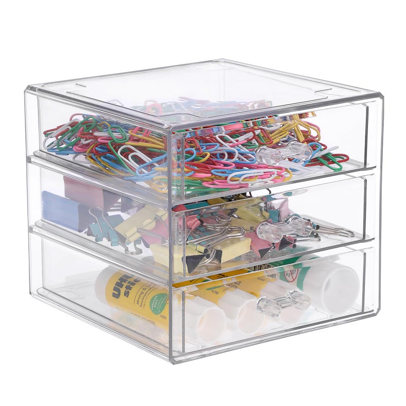 BTSKY Clear Acrylic Storage Organizer with Drawers, 3-Layer Desktop Organizer for Office Essentials, Multi-Purpose Stackable Container for Bathroom Vanity, Desk Makeup Jewelry Container Storage Box - Image 1