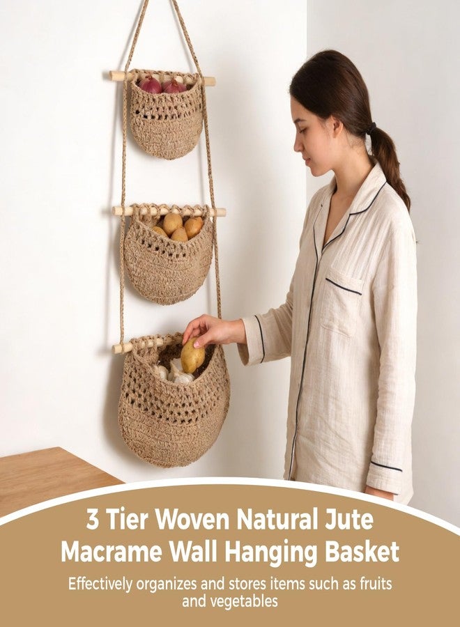 DORMIYA 3 Tier Woven Natural Jute Macrame Wall Hanging Basket, Handmade Boho Bohemian Rustic Charm Decorative Style for Fruits, Vegetables, Plants, Kitchen & Home Decoration - Image 4