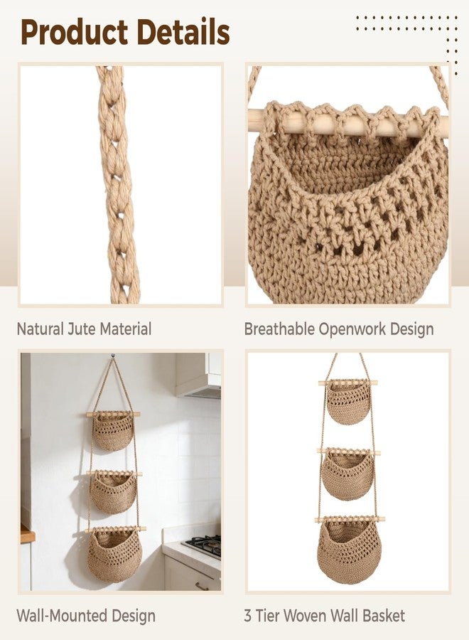 DORMIYA 3 Tier Woven Natural Jute Macrame Wall Hanging Basket, Handmade Boho Bohemian Rustic Charm Decorative Style for Fruits, Vegetables, Plants, Kitchen & Home Decoration - Image 3