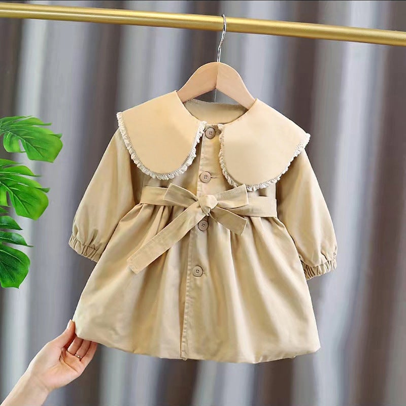 Girls Khaki Mid-Length Trench Coat Autumn 2024 New Stylish Loose Fit Childrens Jacket Creamy-white 