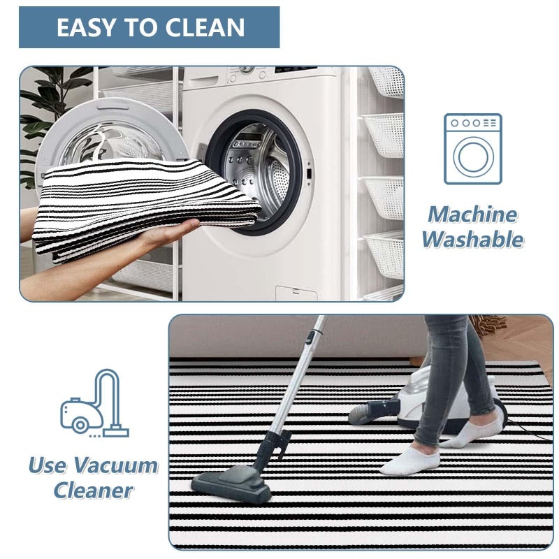 OJIA Black and White Outdoor Rug 2'x4.3', Machine Washable Front Door Mats Outdoor Cotton Woven Outdoor Doormat Front Porch Rug Indoor Door Mat Entryway Striped Rugs for Farmhouse/Kitchen/Entrance - Image 3