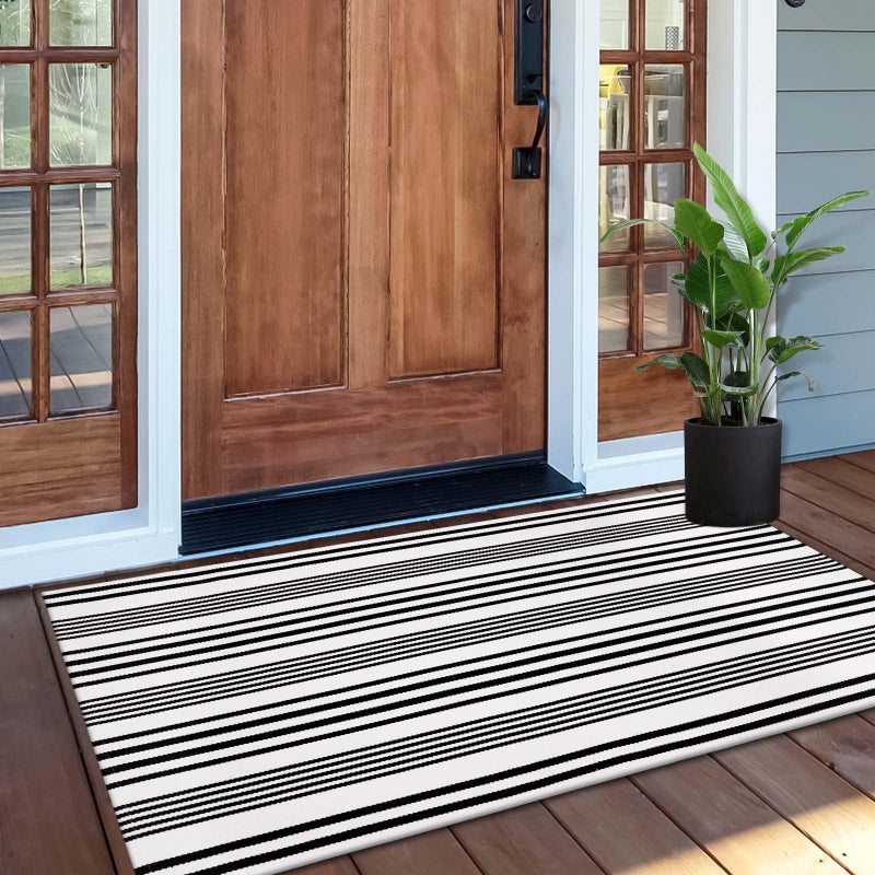 OJIA Black and White Outdoor Rug 2'x4.3', Machine Washable Front Door Mats Outdoor Cotton Woven Outdoor Doormat Front Porch Rug Indoor Door Mat Entryway Striped Rugs for Farmhouse/Kitchen/Entrance - Image 1