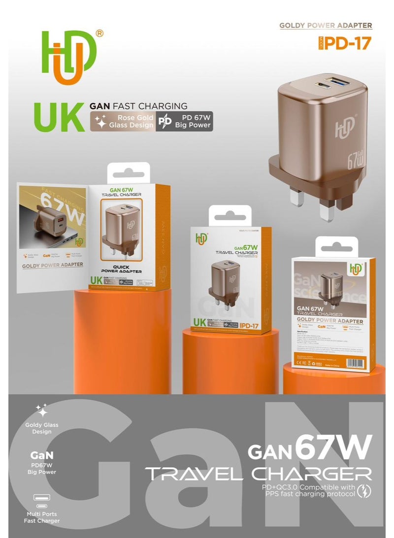 67W PD GaN USB-C Travel Charger - Fast Charging with Multi Ports - PD-17 Model - Goldy Power Adapter