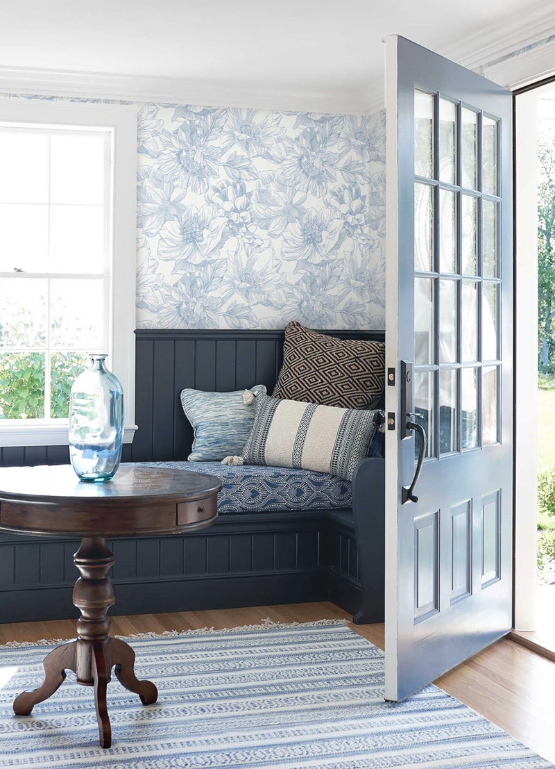 Dimoon 78.7"x17.3"Peel and Stick Blue Vintage Floral Line Wallpaper for Living Room - Image 2