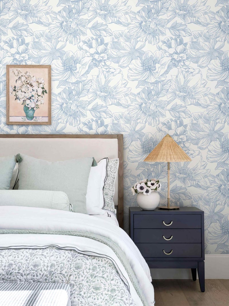 Dimoon 78.7"x17.3"Peel and Stick Blue Vintage Floral Line Wallpaper for Living Room - Image 4