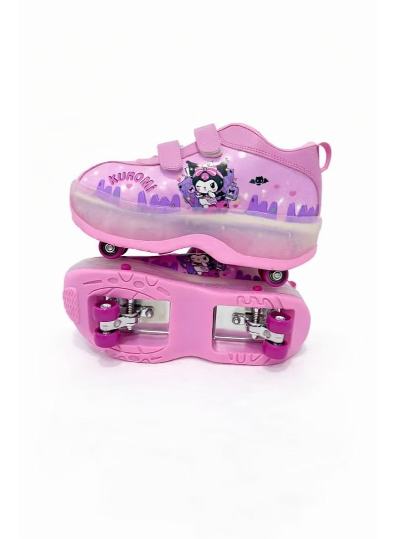 kuromi Kids Retractable Roller Skates Shoes with LED Light Up Wheels & Double Row Pulley - Comfortable Athletic Sneakers with Hook-and-Loop Straps Size 36 - Image 4