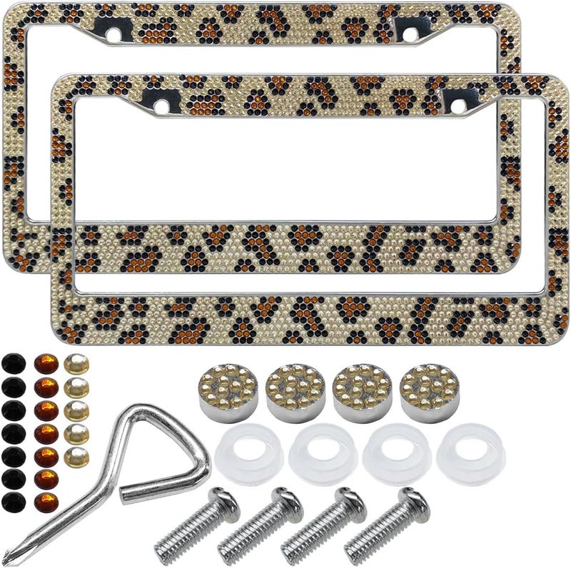 LHDOS 2PCS Bling License Plate Frames, Leopard License Plate Tag Cover, Sparkly Rhinestone Car Decoration Accessories, Stainless Steel License Plate Holder for Women (Leopard) - Image 1