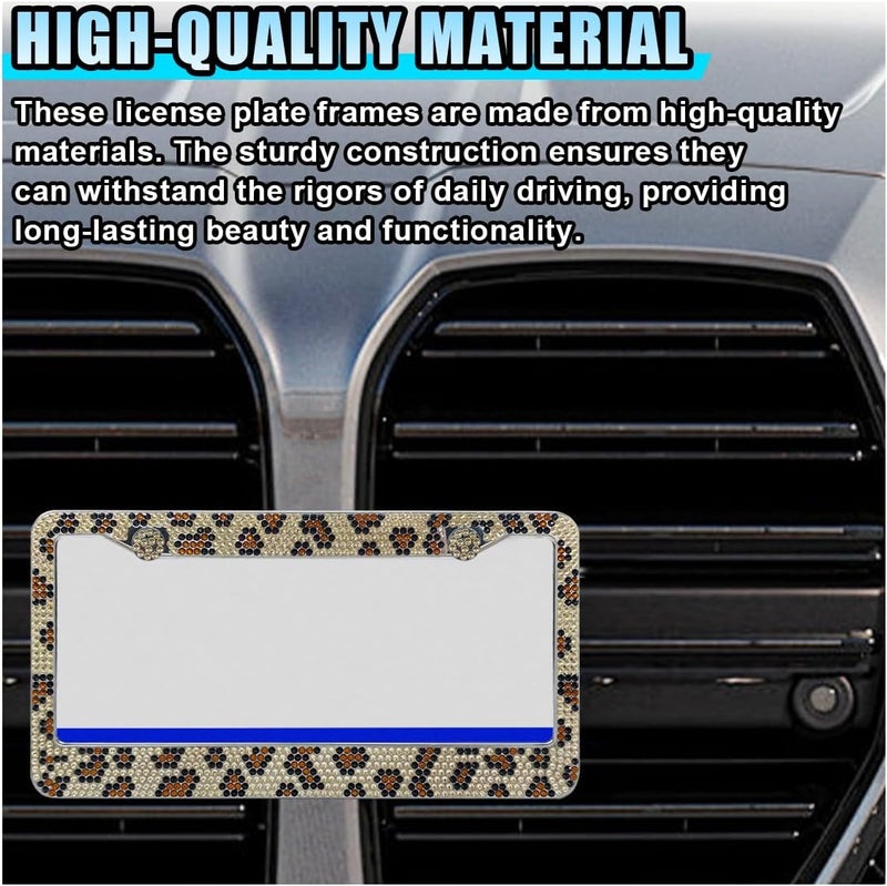 LHDOS 2PCS Bling License Plate Frames, Leopard License Plate Tag Cover, Sparkly Rhinestone Car Decoration Accessories, Stainless Steel License Plate Holder for Women (Leopard) - Image 3