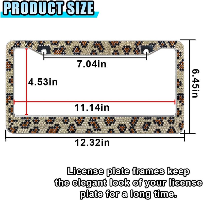 LHDOS 2PCS Bling License Plate Frames, Leopard License Plate Tag Cover, Sparkly Rhinestone Car Decoration Accessories, Stainless Steel License Plate Holder for Women (Leopard) - Image 2
