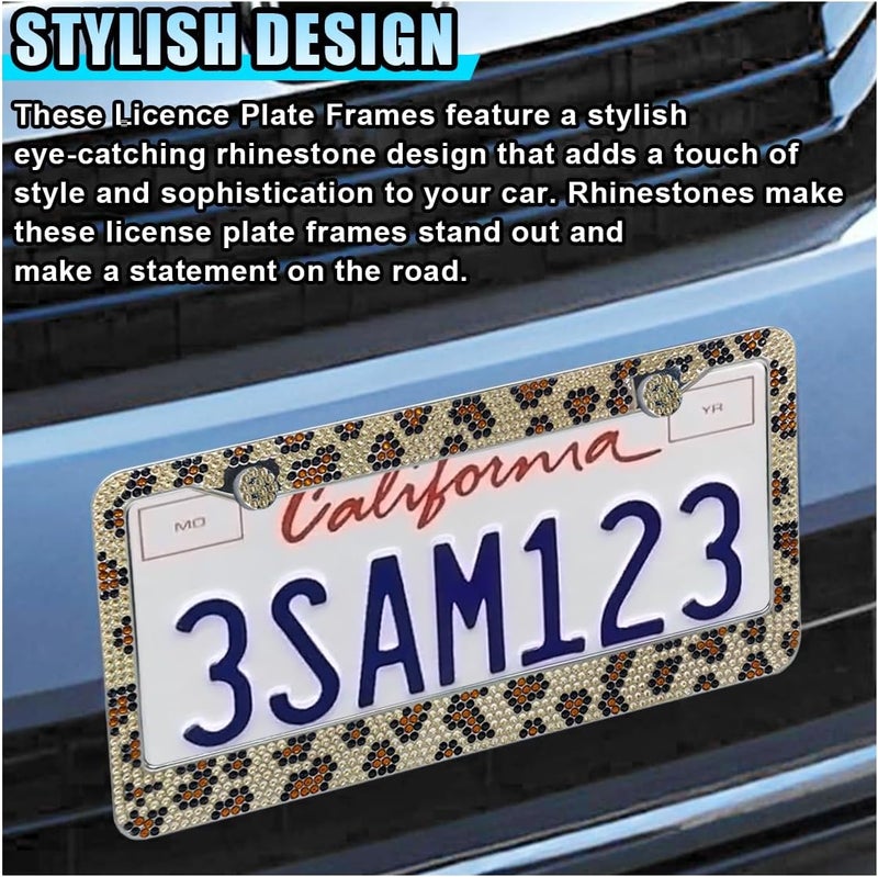 LHDOS 2PCS Bling License Plate Frames, Leopard License Plate Tag Cover, Sparkly Rhinestone Car Decoration Accessories, Stainless Steel License Plate Holder for Women (Leopard) - Image 4