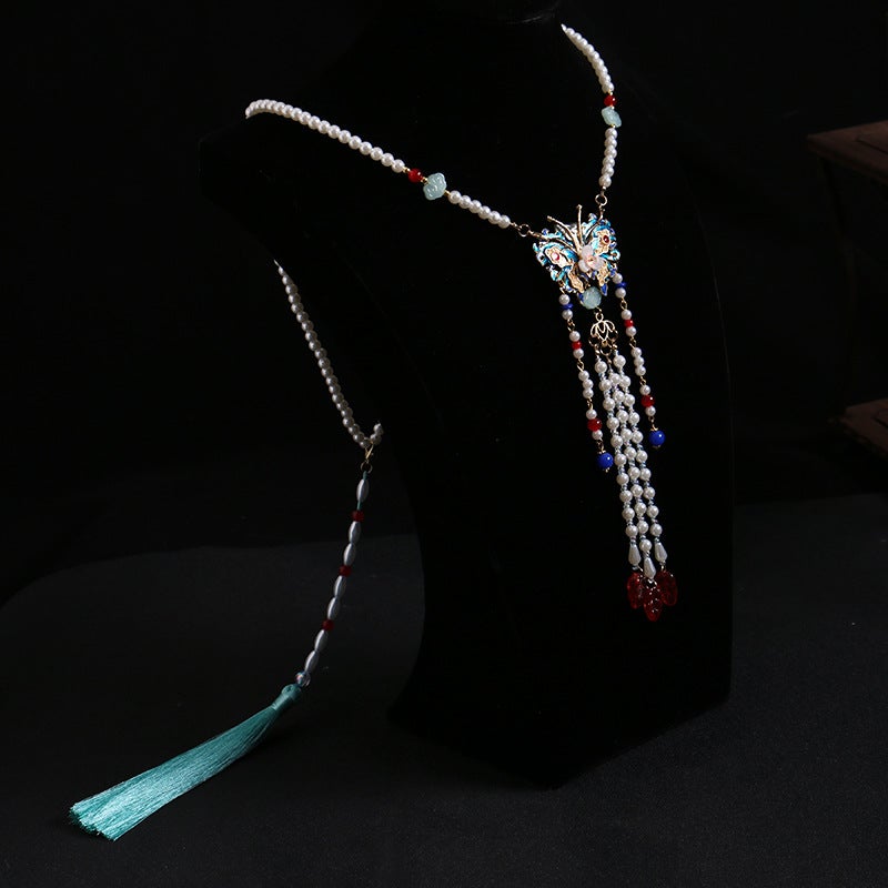 Generic Elegant Chinese Style Long Pearl Tassel Hanfu Dress Necklace for Kids Butterfly wreaths [necklace back cloud set]]