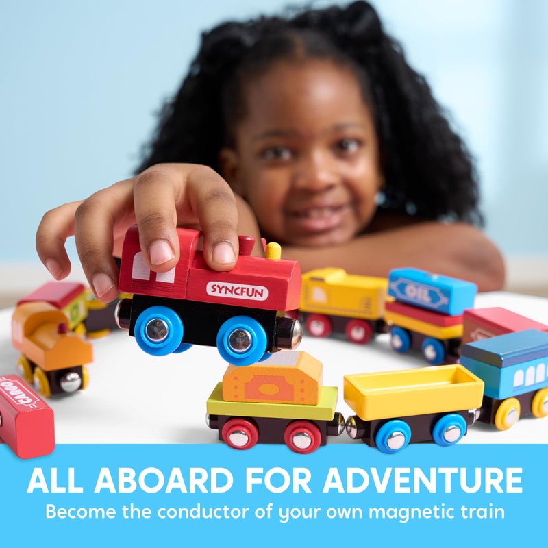 SYNCFUN Montessori Wooden Train Toy Set for Kids, 12PCS Magnetic Train Cars with Storage Gift Box, STEM Educational Toy for Boys & Girls, Ages 2-8 Years, Easter Birthday Party Gift - Image 2