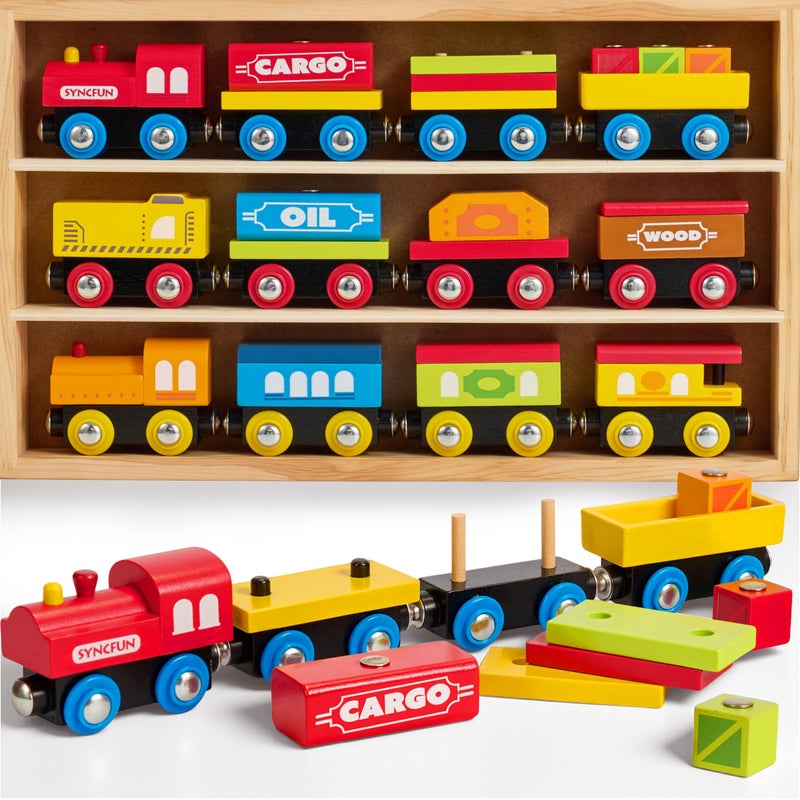 SYNCFUN Montessori Wooden Train Toy Set for Kids, 12PCS Magnetic Train Cars with Storage Gift Box, STEM Educational Toy for Boys & Girls, Ages 2-8 Years, Easter Birthday Party Gift - Image 1