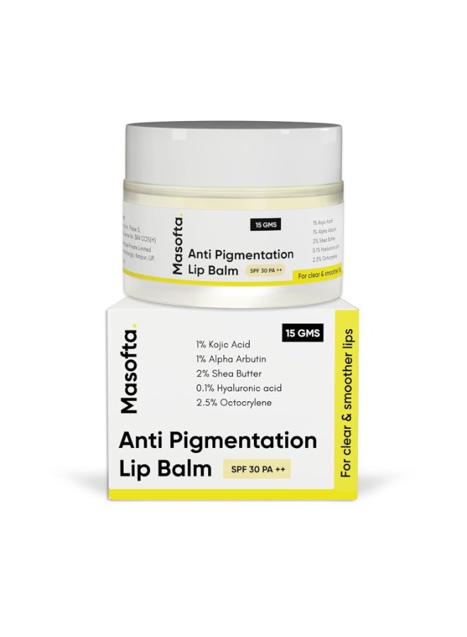 Masofta anti Pigmentation Lip Balm With Kojic Acid,Alpha Arbutin & Shea Butter For Smooth,Crack Free & Clear Lips,Spf 30 Pa++,15Gms,All - Image 1