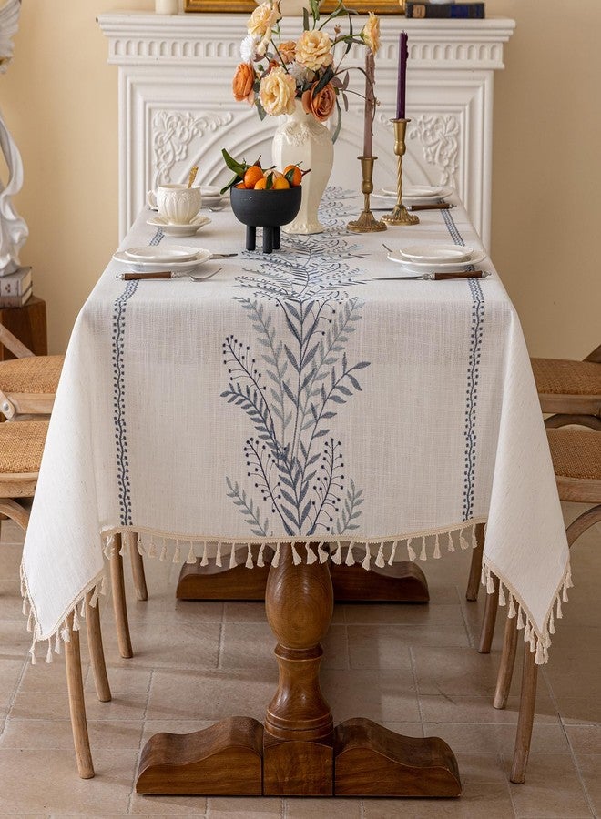 Joyfol Day Rustic Waterproof Linen Tablecloth, Heavy Weight Fern Embroidery Table Cloths for Rectangle Tables, Farmhouse Spill-Proof Table Covers with Tassels, Blue 55''x 120'' - Image 2