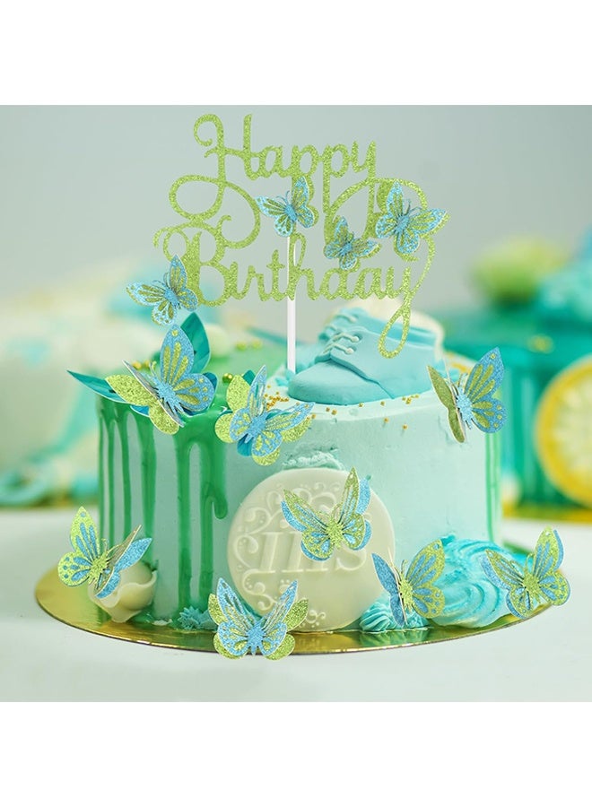 Wffo 13 Pcs Butterfly Themed Cake Toppers, 3D Butterfly Cakes, Double Color Butterfly Cake Toppers - Suitable for Girls Ladies Happy Birthday Cake Decorations Party Decorations - Green/Blue - Image 4
