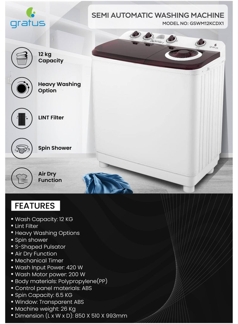 gratus 12 KG Top‑Load Semi‑Automatic Washing Machine — White | Lint Filter & Spin‑Dry | Model GSWM12KCDX1 - Image 4