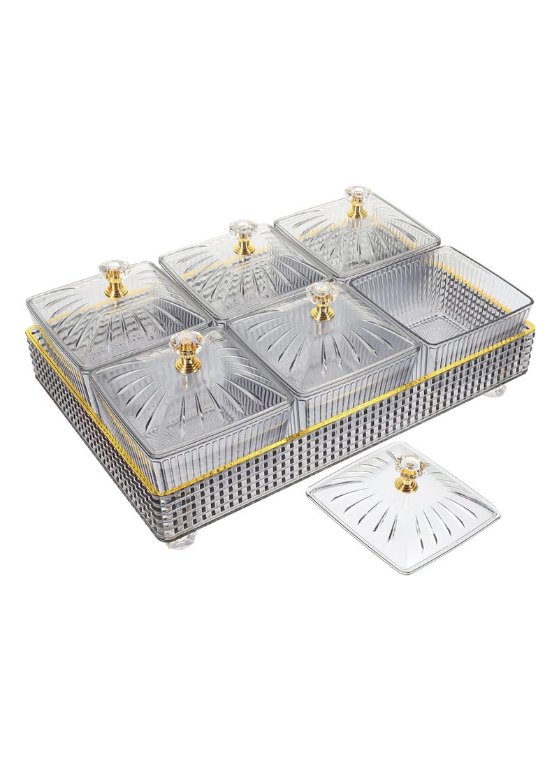 6 Pieces Snack Serving Tray with Lid,Multipurpose Light Luxury Fruits and Snack Storage Bowls,Divided Serving Dishes ,Clear Candy Nut Serving Container Set with Metal Rack Serving Bowls for Candy, Fruits, Nuts Portable Snack Platters Storage Box  (Grey)  - Image 1