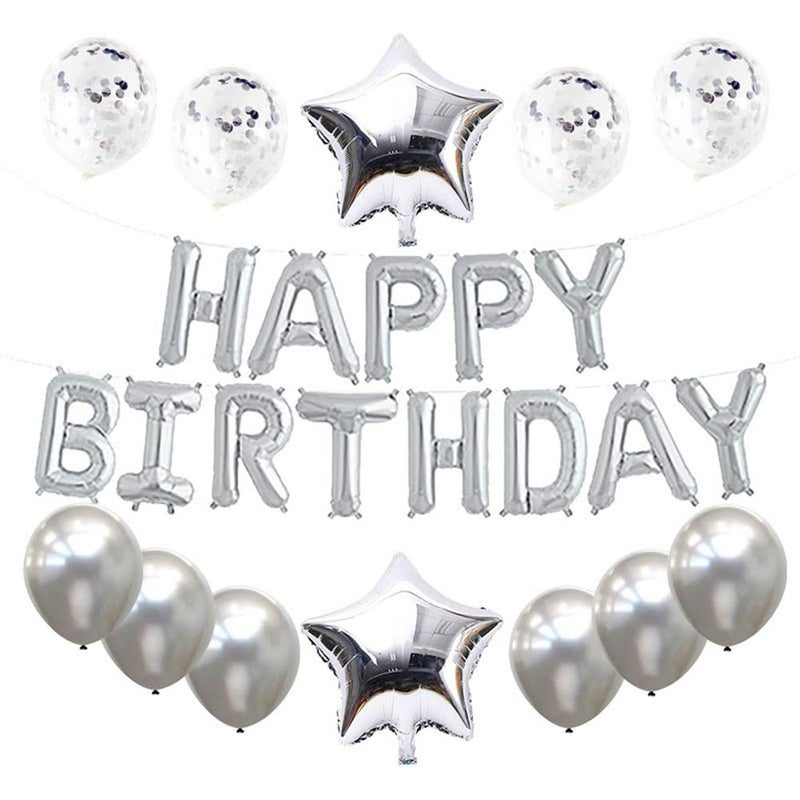 Haimimall Silver Happy Birthday Balloons 13pcs Letters 2pcs Giant Star Foil 4pcs Confetti 9pcs Latex Party Decorations - Image 2