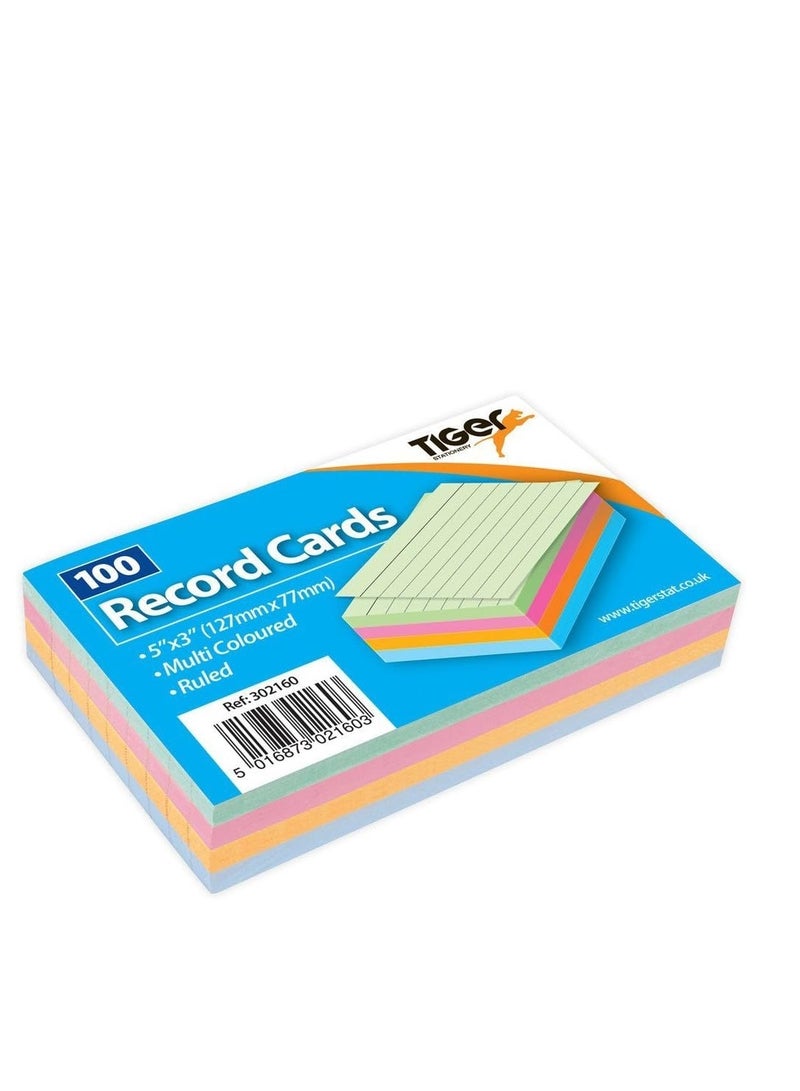 Tiger 1 x 100 Sheet Pack of Record Flash Cards Coloured Study Revision Coloured 5x3 - Image 1