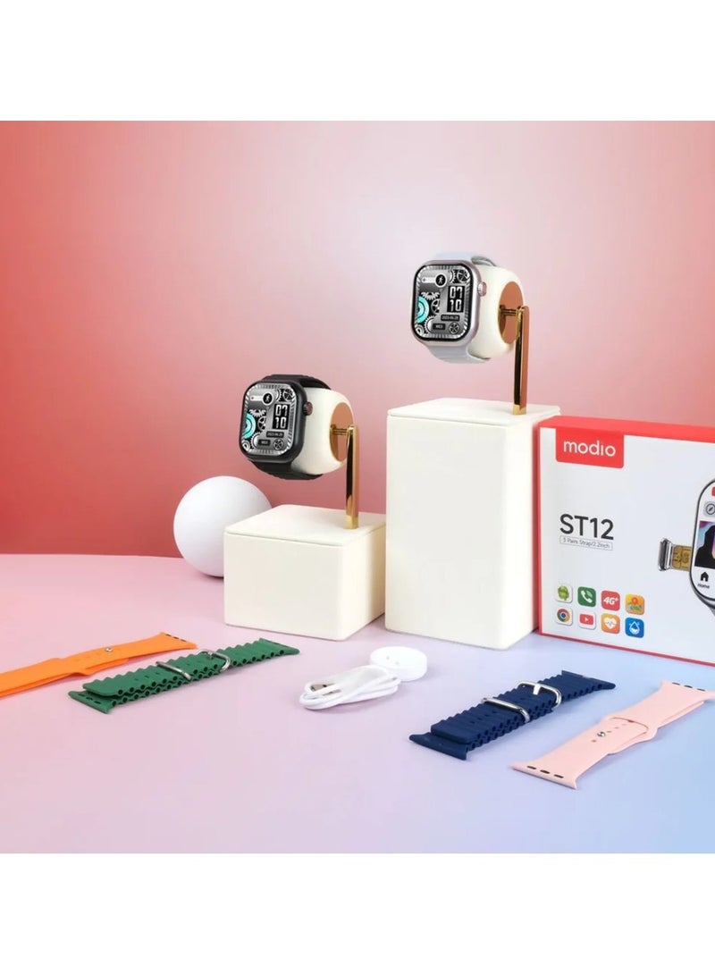 Modio ST12 Smart Watch in 4G Network, 3 Pairs Strap, 2.2 inch Smartwatch-Silver - Image 3
