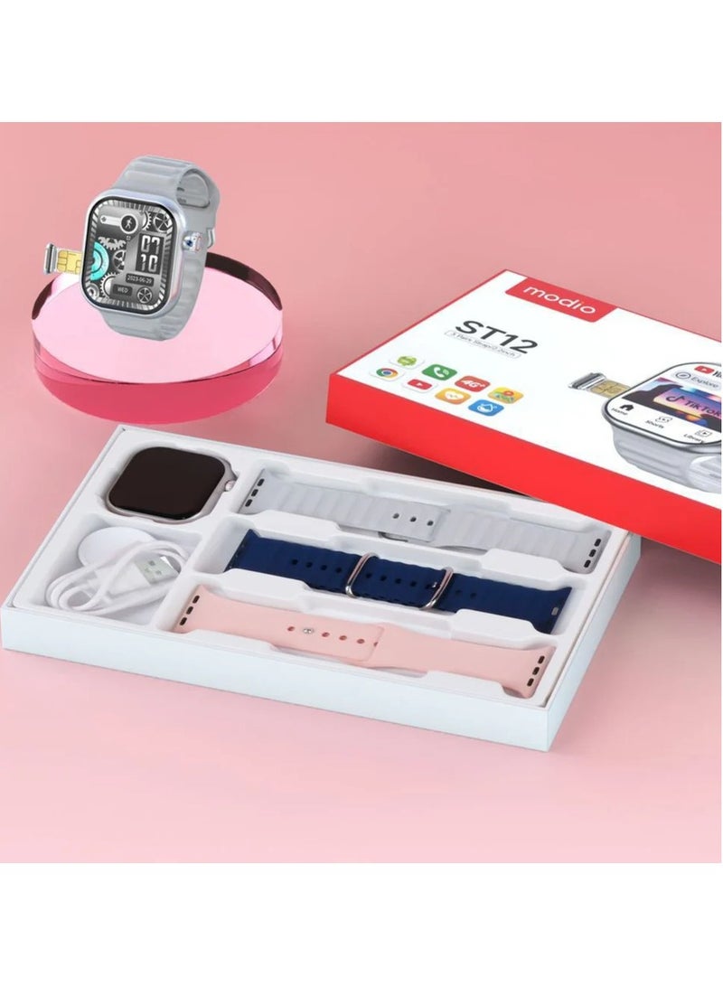 Modio ST12 Smart Watch in 4G Network, 3 Pairs Strap, 2.2 inch Smartwatch-Silver - Image 1