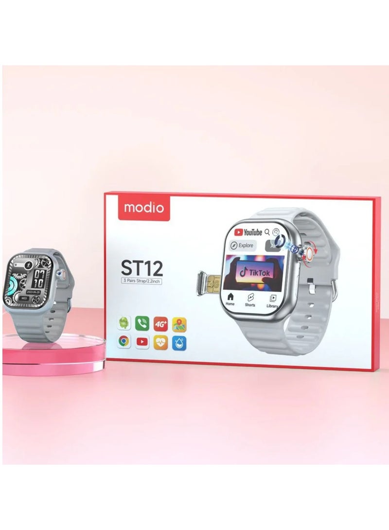 Modio ST12 Smart Watch in 4G Network, 3 Pairs Strap, 2.2 inch Smartwatch-Silver - Image 4