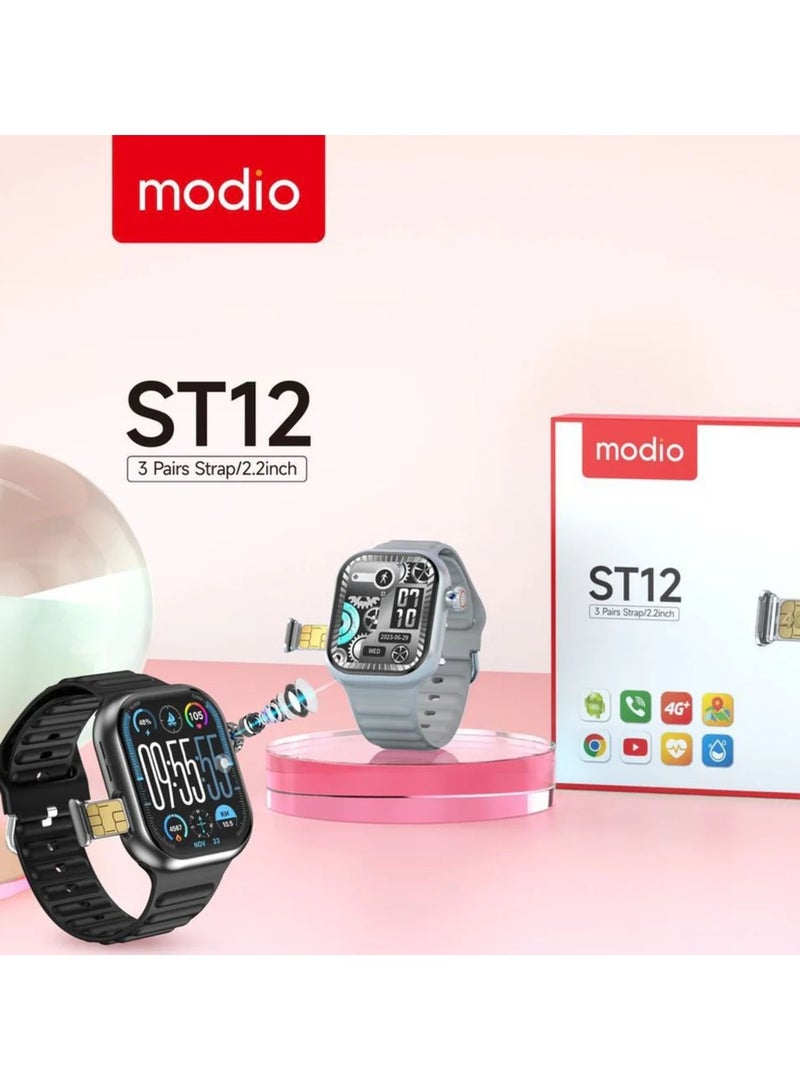 Modio ST12 Smart Watch in 4G Network, 3 Pairs Strap, 2.2 inch Smartwatch-Silver - Image 2