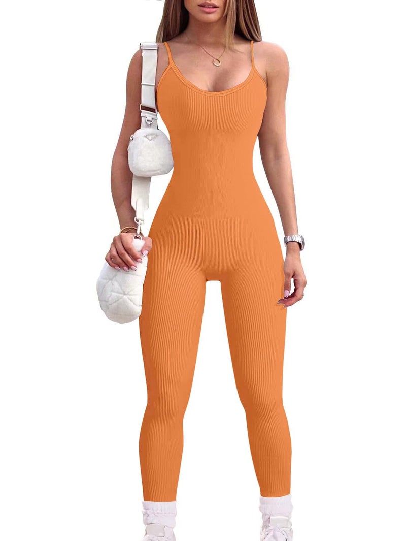 YIOIOIO Women Workout Seamless Jumpsuit Yoga Ribbed Bodycon One Piece Spaghetti Strap Leggings Romper - Image 1