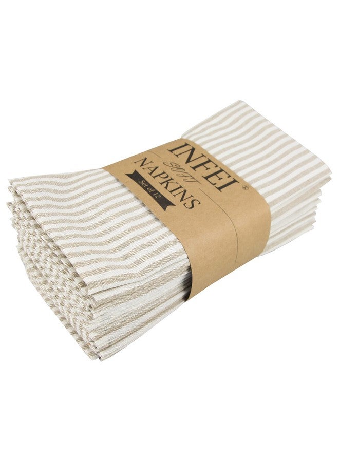 INFEI Plain Striped Cotton Linen Blended Dinner Cloth Napkins - Set of 12 (40 x 30 cm) - for Events & Home Use (Beige) - Image 1