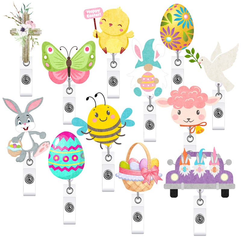 Sinmoe 12 Pcs Easter Badge Reels Retractable Felt Spring Badge Reel with Alligator Swivel Clips Cute Bunny Egg Nurse Reel Holder for Easter Spring Party Decor Volunteer Office Student Teacher Nurse Gift - Image 1