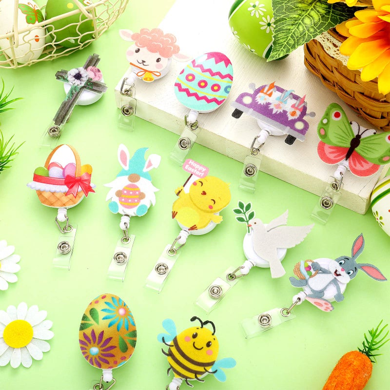 Sinmoe 12 Pcs Easter Badge Reels Retractable Felt Spring Badge Reel with Alligator Swivel Clips Cute Bunny Egg Nurse Reel Holder for Easter Spring Party Decor Volunteer Office Student Teacher Nurse Gift - Image 4