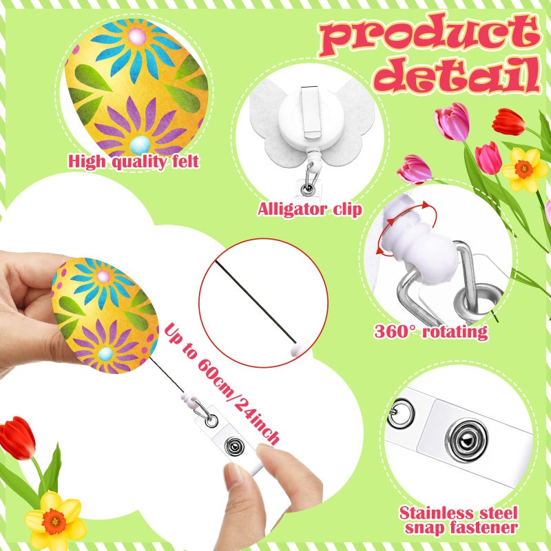 Sinmoe 12 Pcs Easter Badge Reels Retractable Felt Spring Badge Reel with Alligator Swivel Clips Cute Bunny Egg Nurse Reel Holder for Easter Spring Party Decor Volunteer Office Student Teacher Nurse Gift - Image 3