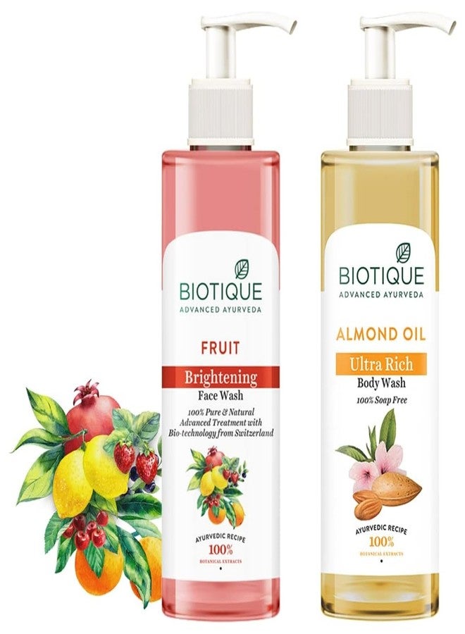 Biotique Fruit Brightning Face Wash, 200ml & Biotique Almond Oil Ultra Rich Body Wash 200ml - Image 1