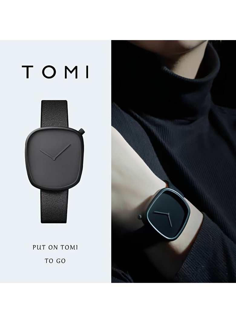 TOMI A Minimalist Square Watch With Pebble-like Design, Featuring No Scale, For Both Men And Women, With A PU Leather Strap - Image 2