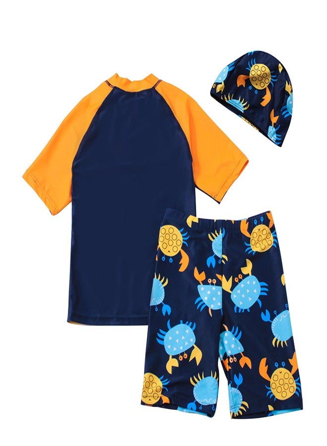 YAGATA Toddler Swimsuit Boy 3 Piece Boys Swim Set Short Sleeve Boys Swim Shirt Boy Swim Trunks Rash Guard Bathing Suits Crabs 4-5T XL - Image 3