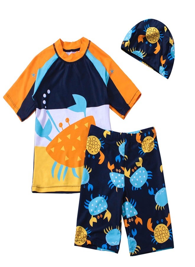YAGATA Toddler Swimsuit Boy 3 Piece Boys Swim Set Short Sleeve Boys Swim Shirt Boy Swim Trunks Rash Guard Bathing Suits Crabs 4-5T XL - Image 1