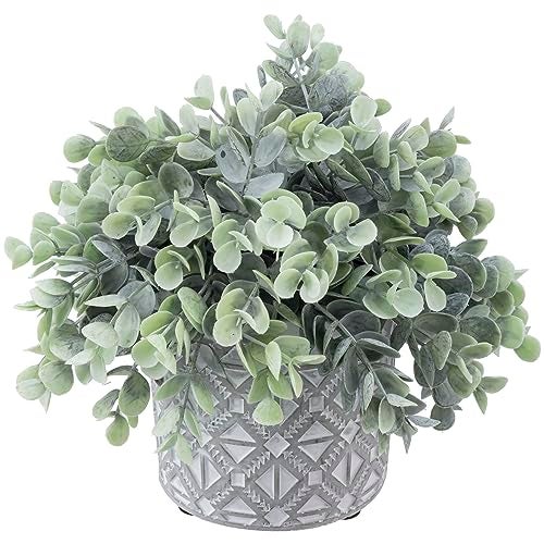 MyGift Artificial Eucalyptus Plant in Modern Gray Concrete Pots with Geometric Embossed Pattern 1 Grey - Image 1