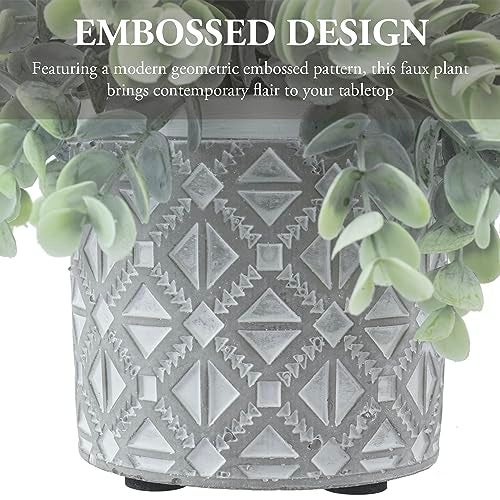 MyGift Artificial Eucalyptus Plant in Modern Gray Concrete Pots with Geometric Embossed Pattern 1 Grey - Image 3