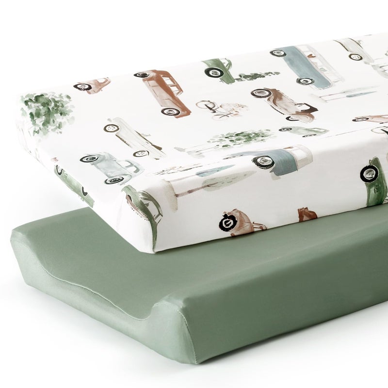 GRSSDER Stretchy Ultra Soft Jersey Knit Changing Pad Cover Set 2 Pack Change Table Pad Covers Fit 3234 x 16 Pads Safe and Snug Pretty Diaper Changing Pad Covers of Car Print