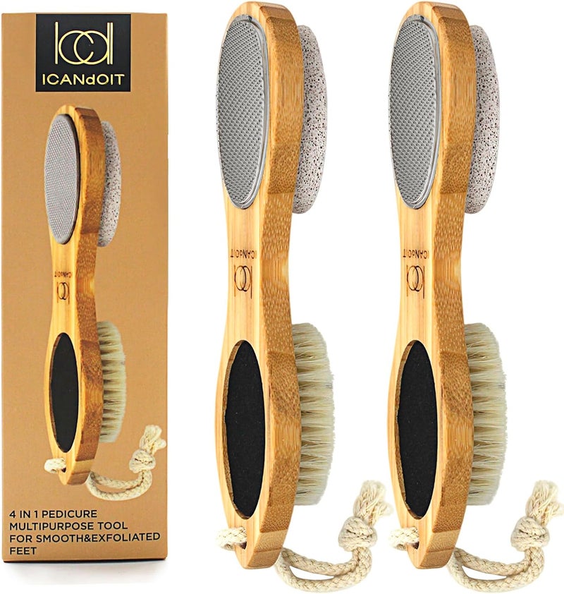 ICDI ICANdOIT ICANdOIT2 Packs Natural Bamboo Foot File Callus RemoverMulti Purpose 4 in 1 Feet Pedicure Kit with Boar Bristle BrushPumice StoneFoot RaspSand Paper