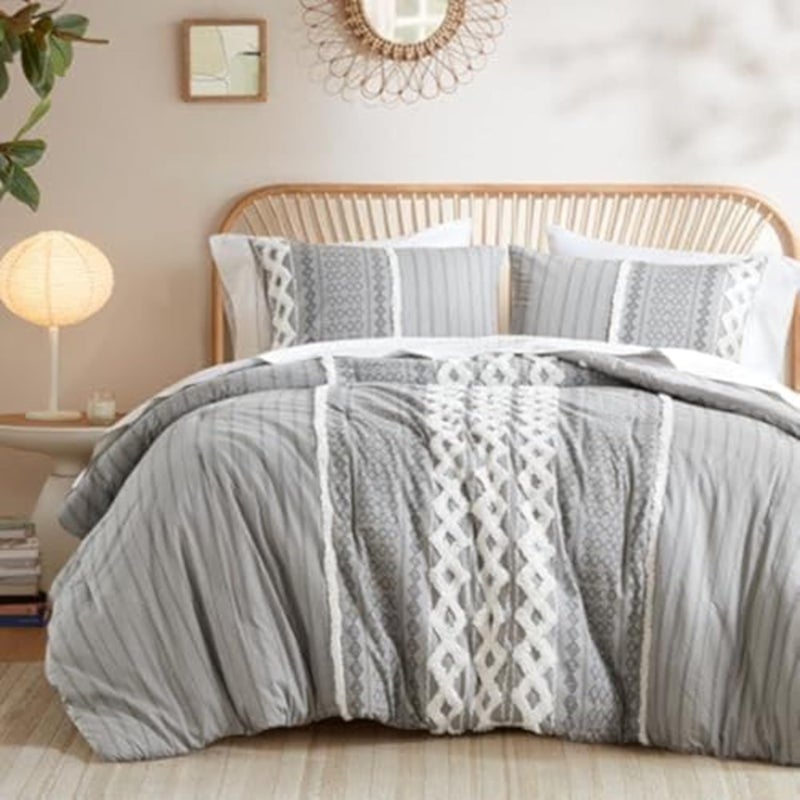 Ink+Ivy INKIVY Comforter for King Size Bed Chenille Tufted Breathable Cotton Comforter Set King All Season Modern Boho Comforter with Farmhouse Bedding Flare 2 Matching Shams King Gray 3 Piece 