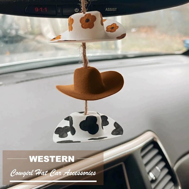 Cowboy Hat: Handmade Felt Western Hat - Sunflower Design Car Hanging Ornament for Rearview Mirror Decor & Country Style Car Accessory - Image 5