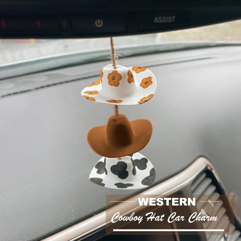 Cowboy Hat: Handmade Felt Western Hat - Sunflower Design Car Hanging Ornament for Rearview Mirror Decor & Country Style Car Accessory - Image 2